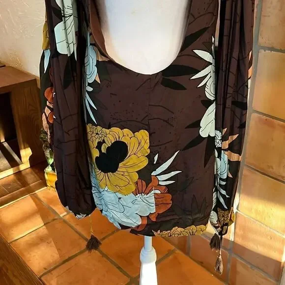 Free People Brown Floral Boho Balloon Sleeve Mini, size S - Picture 8 of 11